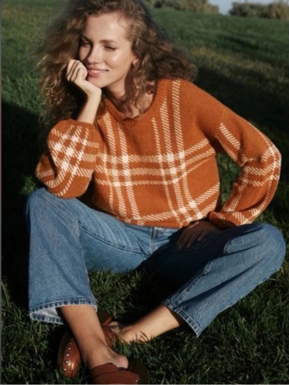 Z Supply Solange Plaid Sweater Whiskey Orange White Checkered Oversized Medium